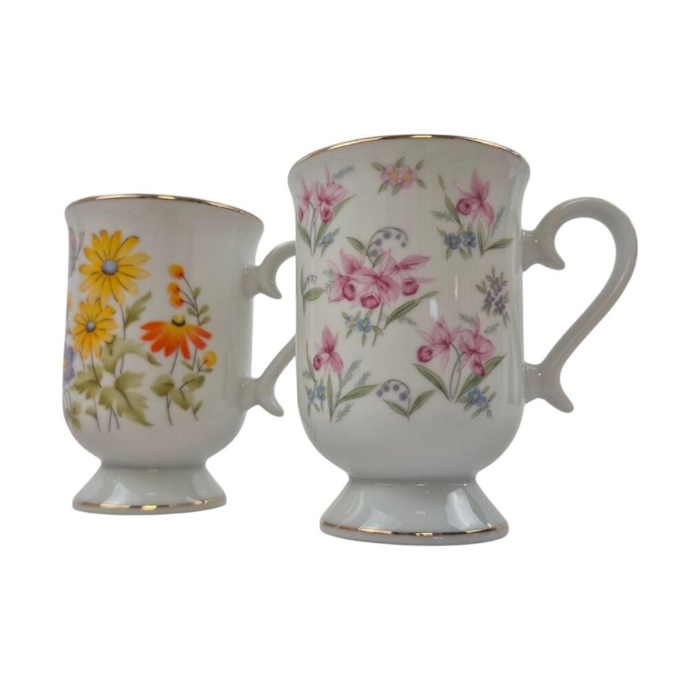 Royal Princess Porcelain 2 Different Coffee Mugs Floral Design Gold Trim Japan